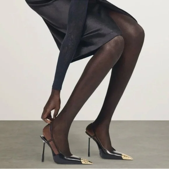 Saint Laurent Black Leather Jeanne Slingback Pumps 110 Black Gold - Picture 5 of 7